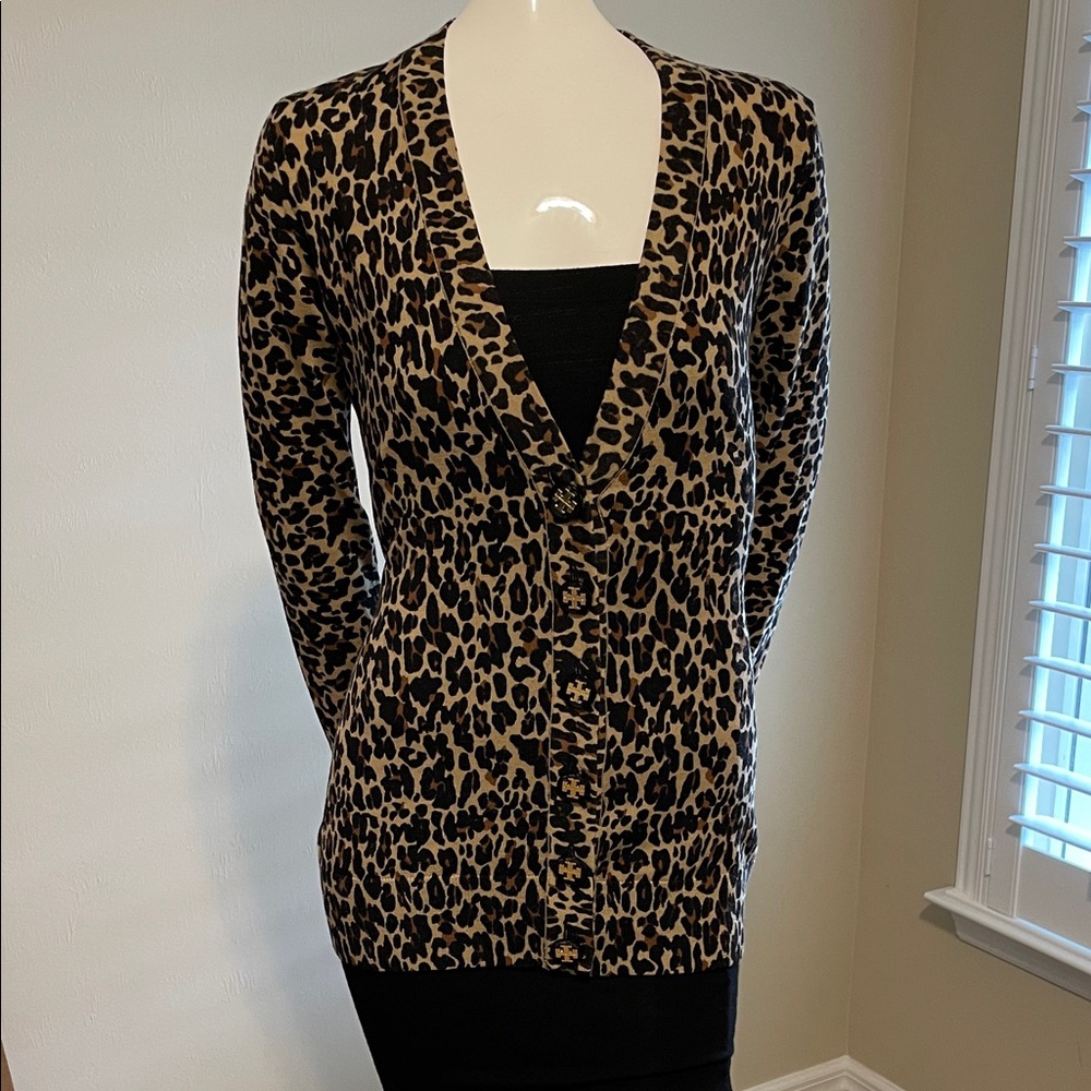 Tory Burch Classic Animal Print Cardigan Sweater w/TB Embellished Buttons Wool S